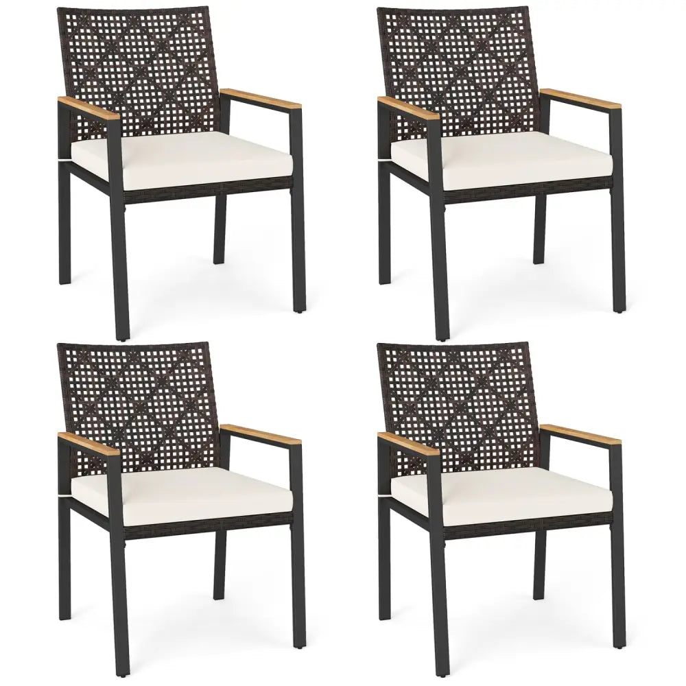 Hand-Woven PE Patio Dining Chairs Set of 4 with Acacia Wood Armrests for Yard-Beige - Beige - Patio Dining Chairs