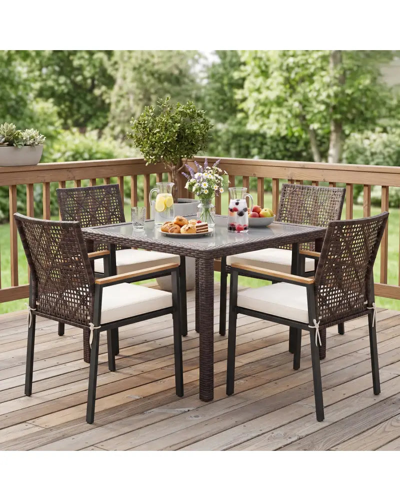 Hand-Woven PE Patio Dining Chairs Set of 4 with Acacia Wood Armrests for Yard-Beige - Beige - Patio Dining Chairs