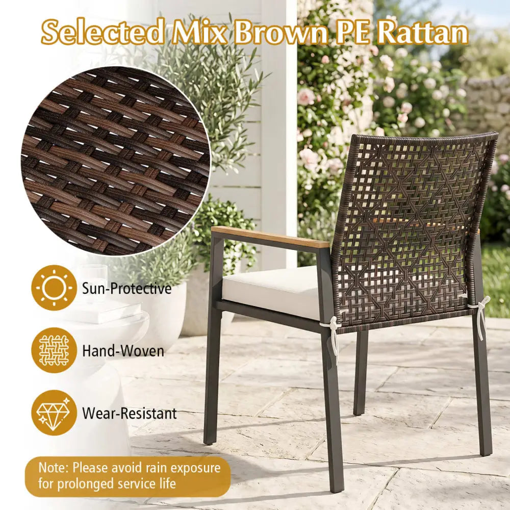 Hand-Woven PE Patio Dining Chairs Set of 4 with Acacia Wood Armrests for Yard-Beige - Beige - Patio Dining Chairs