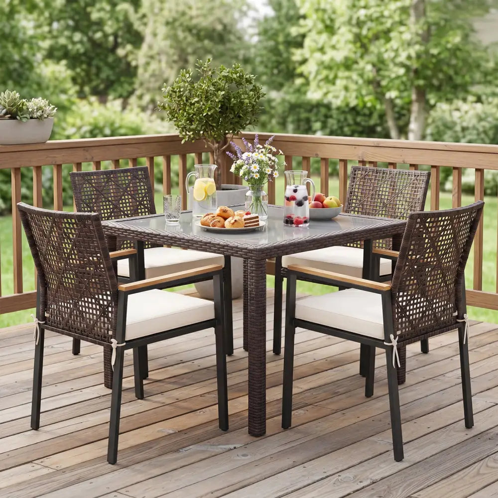 Hand-Woven PE Patio Dining Chairs Set of 4 with Acacia Wood Armrests for Yard-Beige - Beige - Patio Dining Chairs