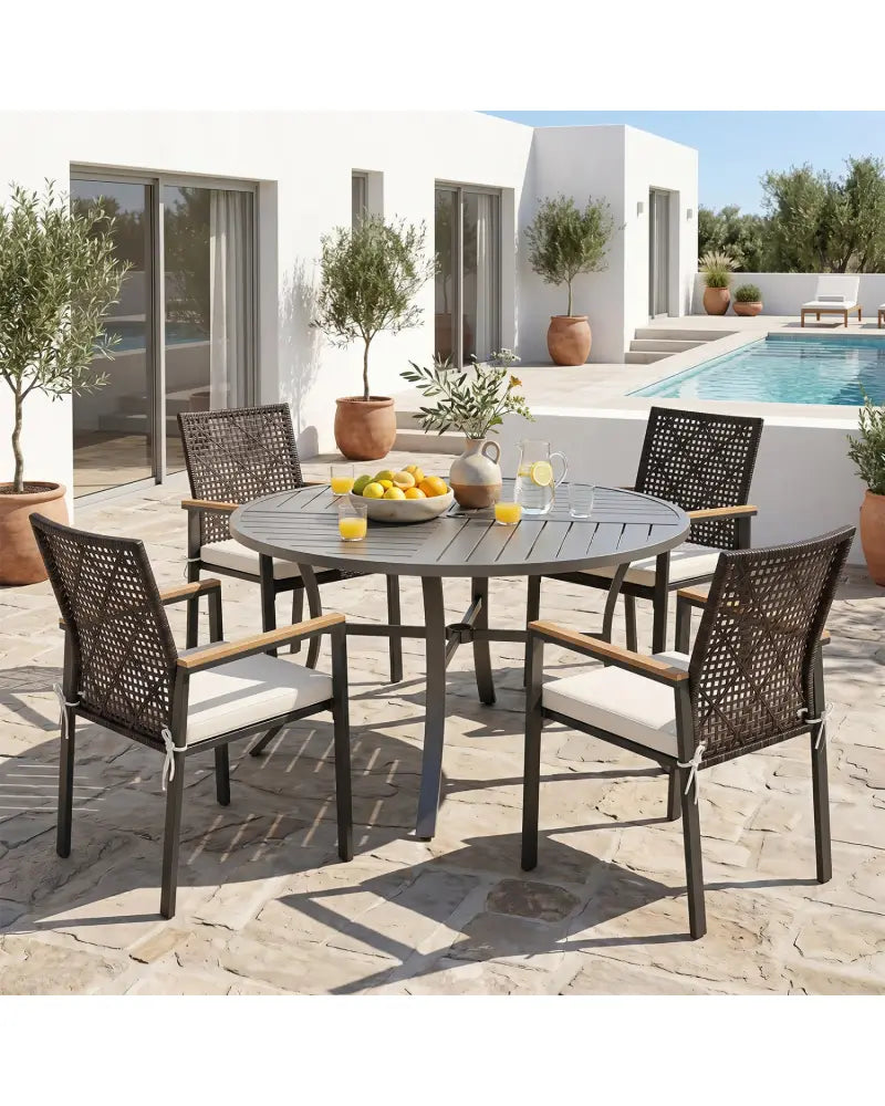 Hand-Woven PE Patio Dining Chairs Set of 4 with Acacia Wood Armrests for Yard-Beige - Beige - Patio Dining Chairs