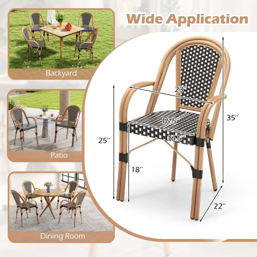 Hand-Woven PE Wicker Outdoor French Bistro Chairs Set of 2-Black - Black - Patio Dining Chairs
