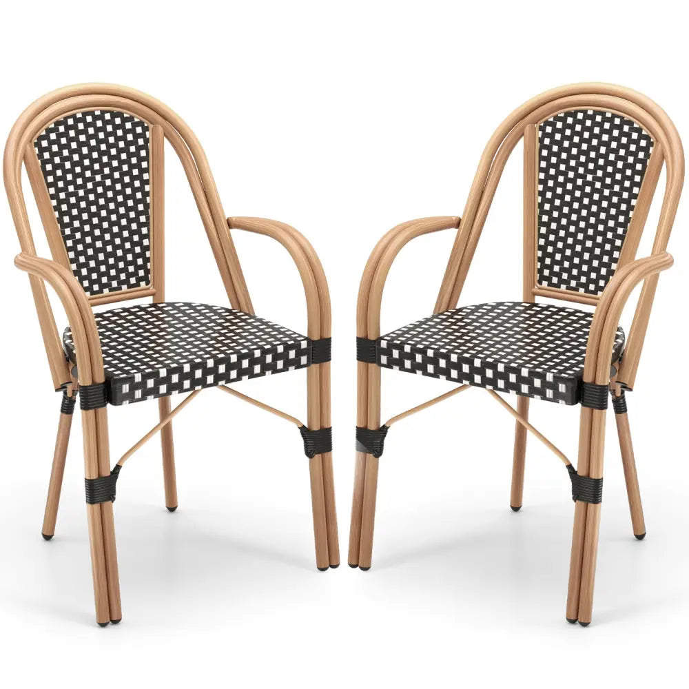 Hand-Woven PE Wicker Outdoor French Bistro Chairs Set of 2-Black - Black - Patio Dining Chairs
