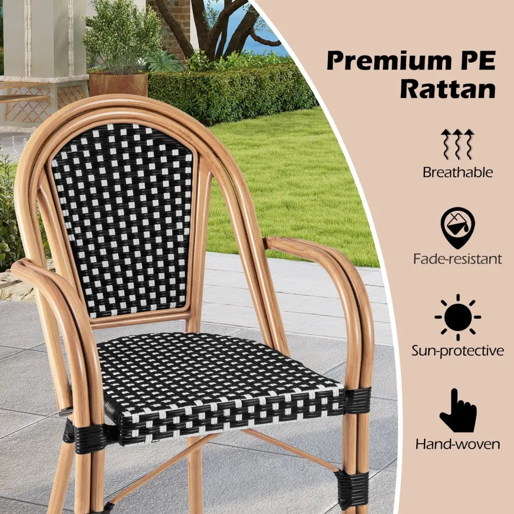 Hand-Woven PE Wicker Outdoor French Bistro Chairs Set of 2-Black - Black - Patio Dining Chairs