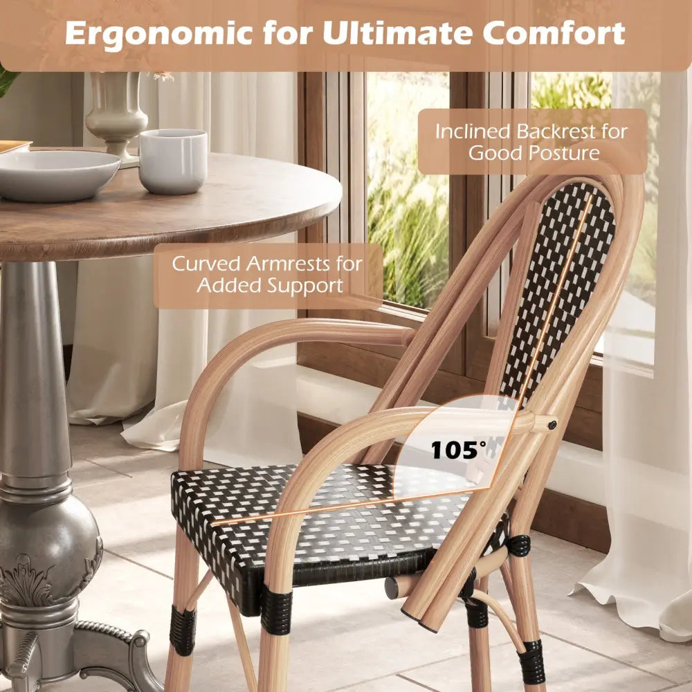 Hand-Woven PE Wicker Outdoor French Bistro Chairs Set of 2-Black - Black - Patio Dining Chairs