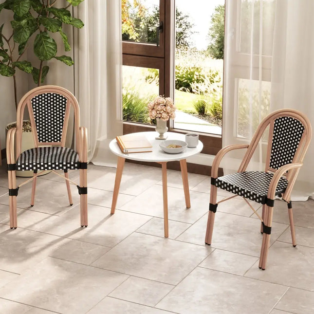 Hand-Woven PE Wicker Outdoor French Bistro Chairs Set of 2-Black - Black - Patio Dining Chairs