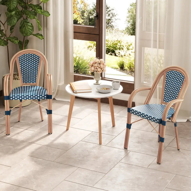 Hand-Woven PE Wicker Outdoor French Bistro Chairs Set of 2-Blue - Blue - Patio Dining Chairs
