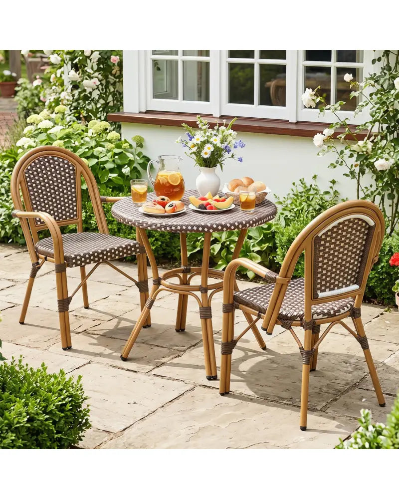 Hand-Woven PE Wicker Outdoor French Bistro Chairs Set of 2-Brown - Brown - Patio Dining Chairs