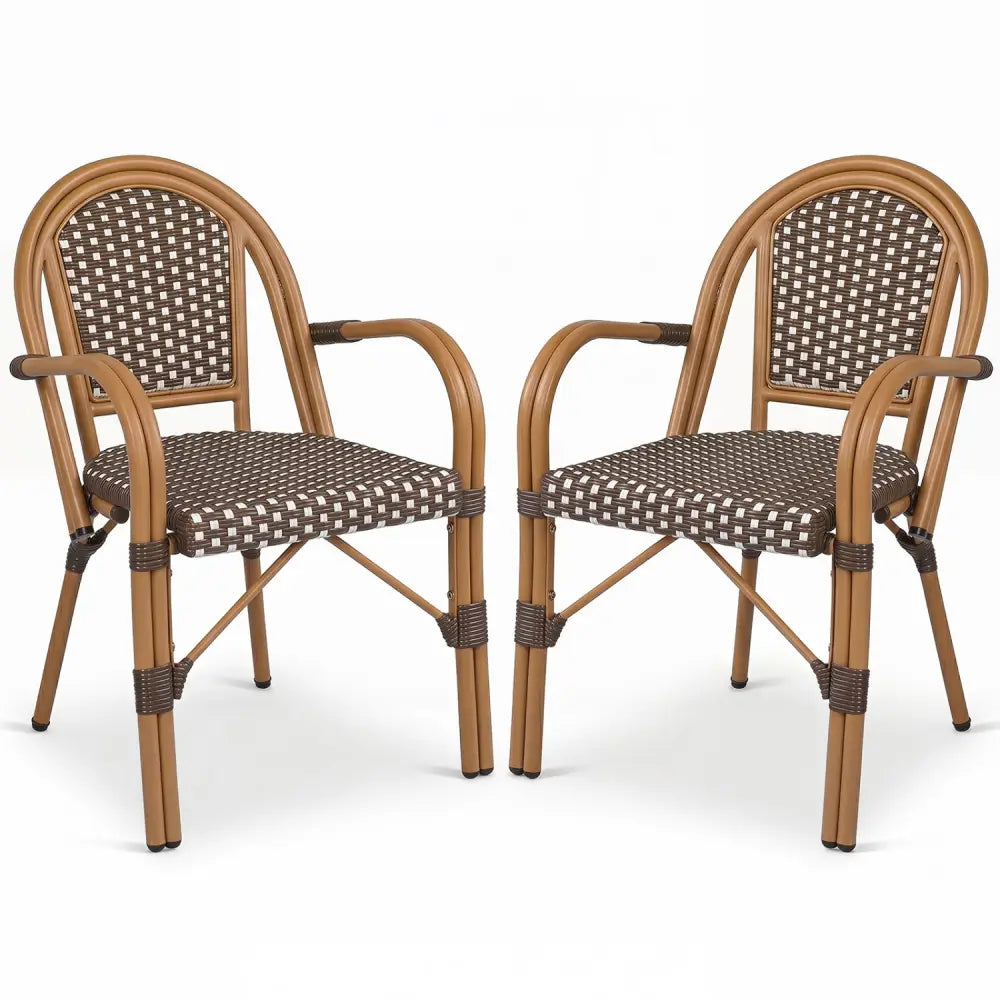 Hand-Woven PE Wicker Outdoor French Bistro Chairs Set of 2-Brown - Brown - Patio Dining Chairs