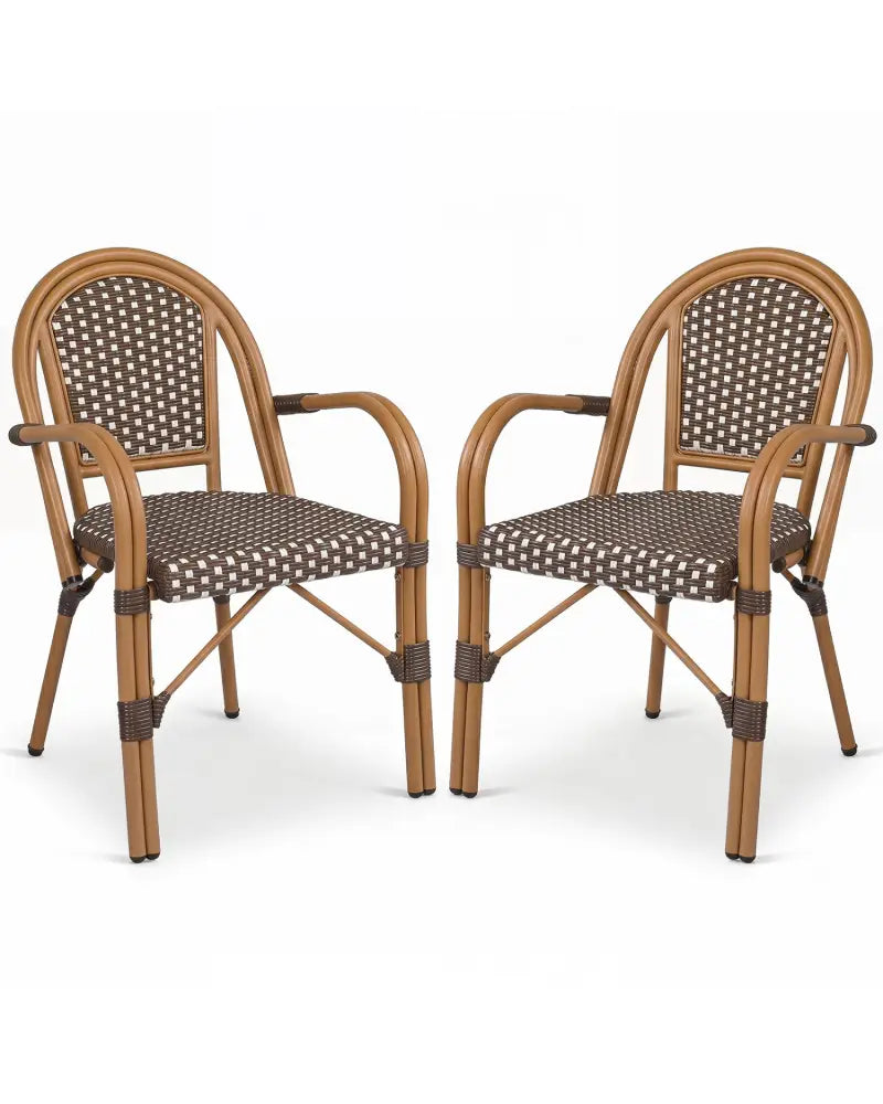 Hand-Woven PE Wicker Outdoor French Bistro Chairs Set of 2-Brown - Brown - Patio Dining Chairs