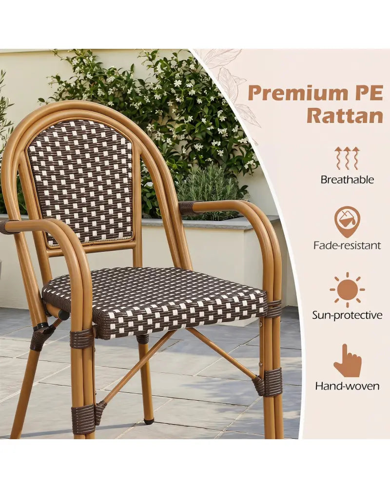 Hand-Woven PE Wicker Outdoor French Bistro Chairs Set of 2-Brown - Brown - Patio Dining Chairs
