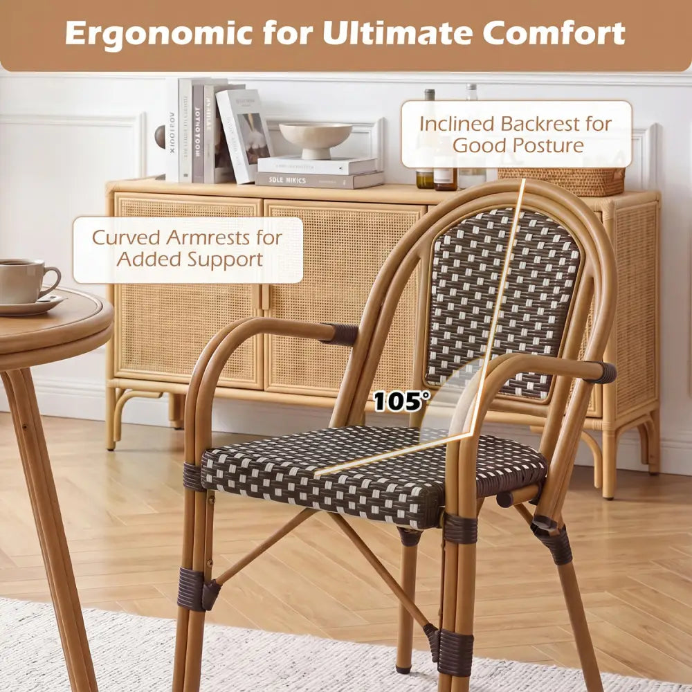 Hand-Woven PE Wicker Outdoor French Bistro Chairs Set of 2-Brown - Brown - Patio Dining Chairs