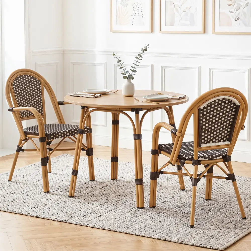 Hand-Woven PE Wicker Outdoor French Bistro Chairs Set of 2-Brown - Brown - Patio Dining Chairs