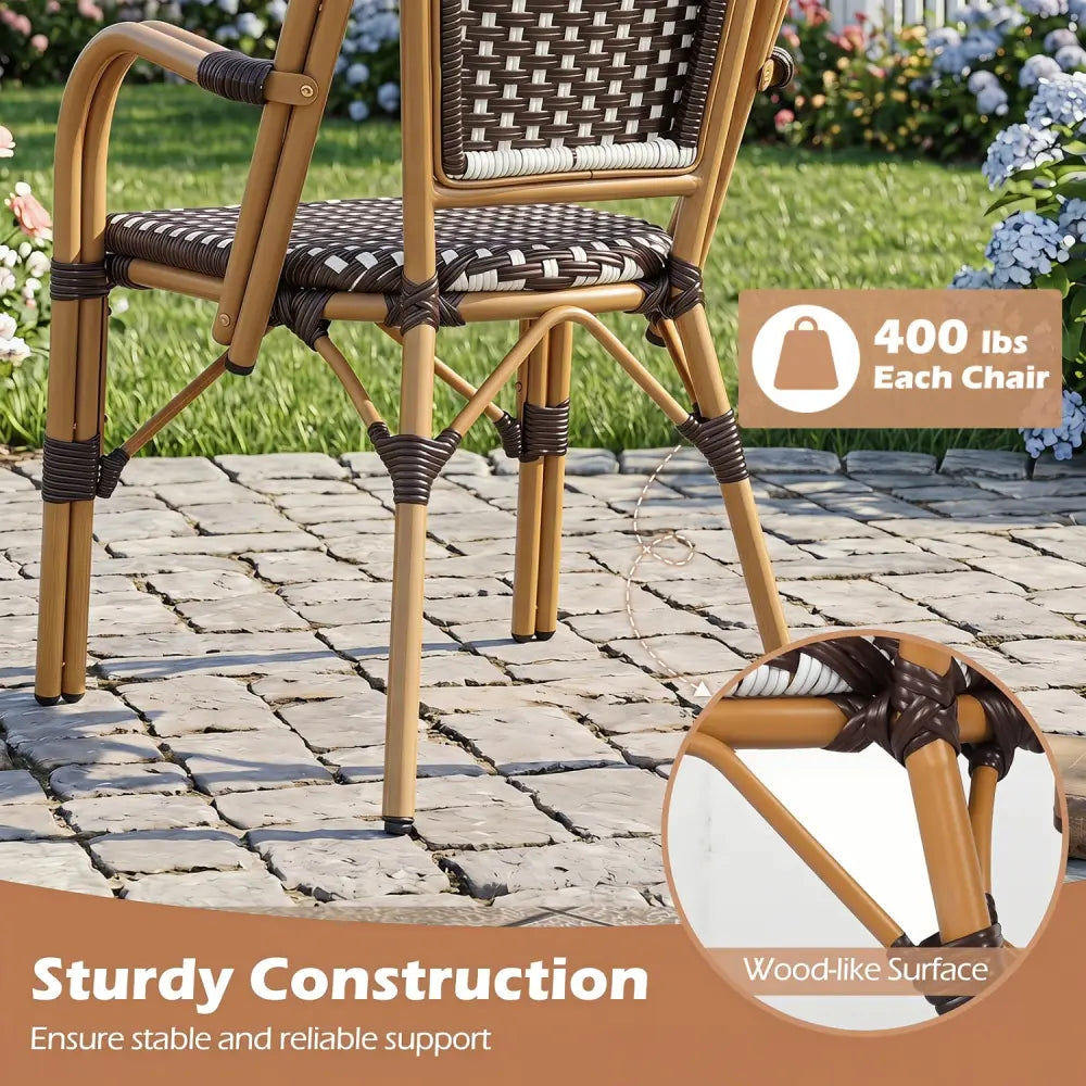 Hand-Woven PE Wicker Outdoor French Bistro Chairs Set of 2-Brown - Brown - Patio Dining Chairs