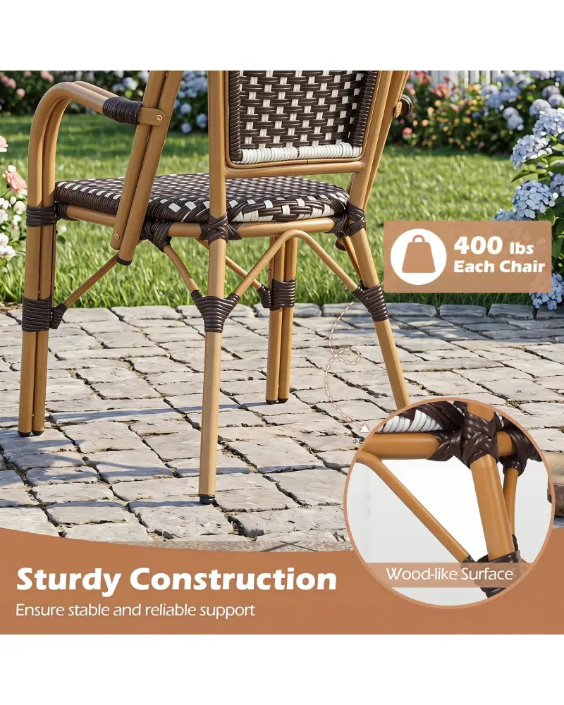 Hand-Woven PE Wicker Outdoor French Bistro Chairs Set of 2-Brown - Brown - Patio Dining Chairs