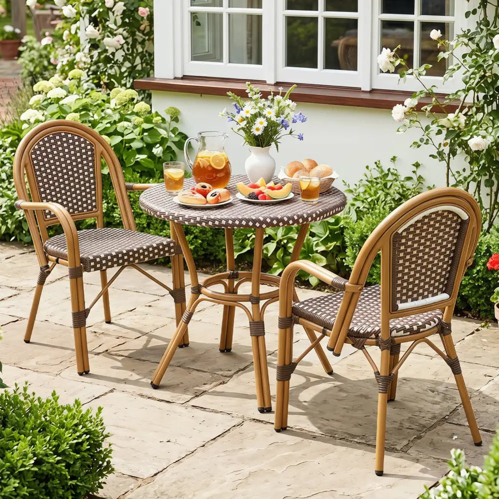 Hand-Woven PE Wicker Outdoor French Bistro Chairs Set of 2-Brown - Brown - Patio Dining Chairs