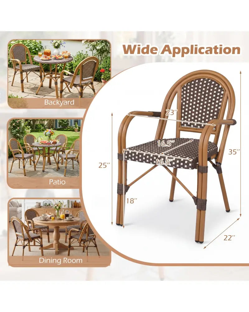 Hand-Woven PE Wicker Outdoor French Bistro Chairs Set of 2-Brown - Brown - Patio Dining Chairs