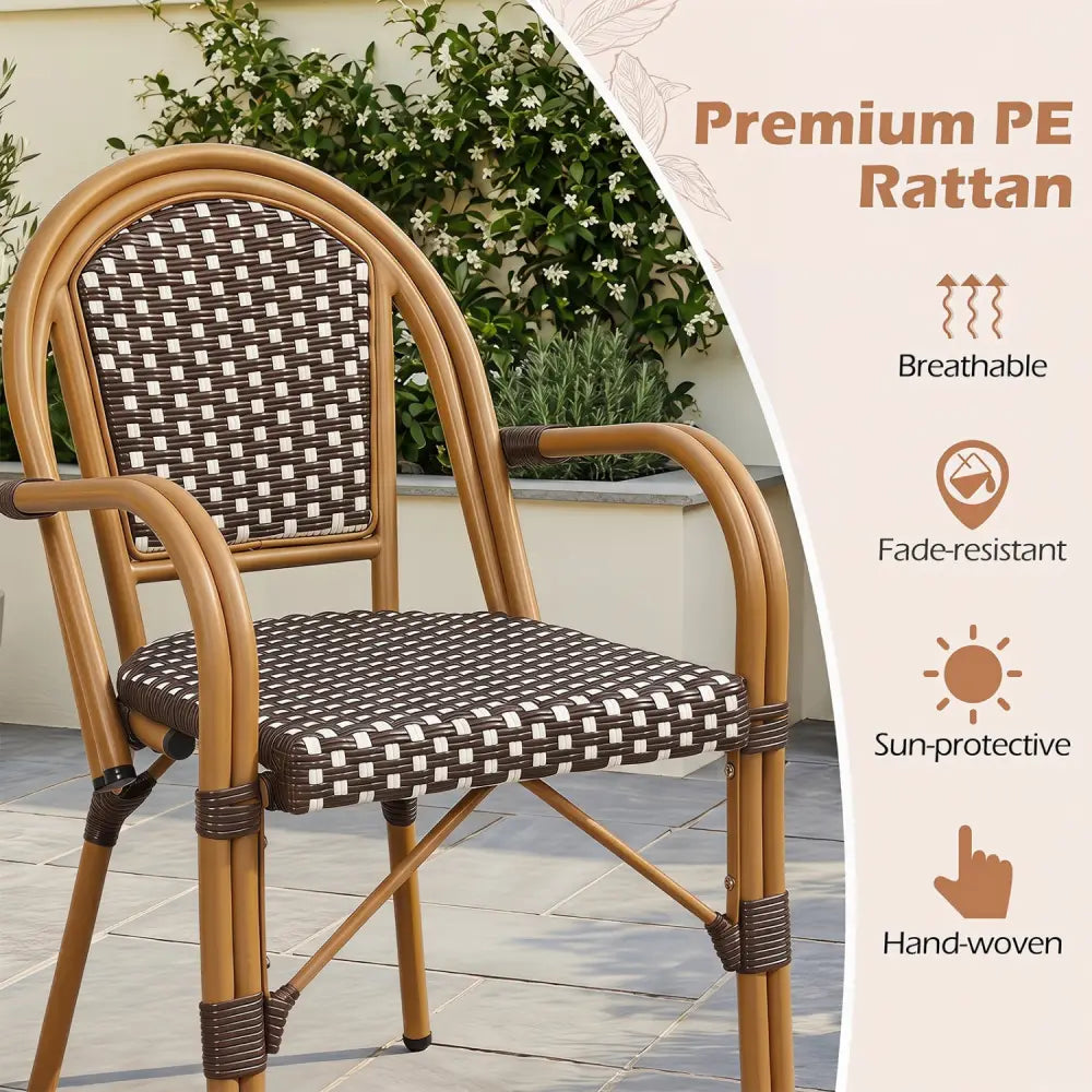 Hand-Woven PE Wicker Outdoor French Bistro Chairs Set of 2-Brown - Brown - Patio Dining Chairs