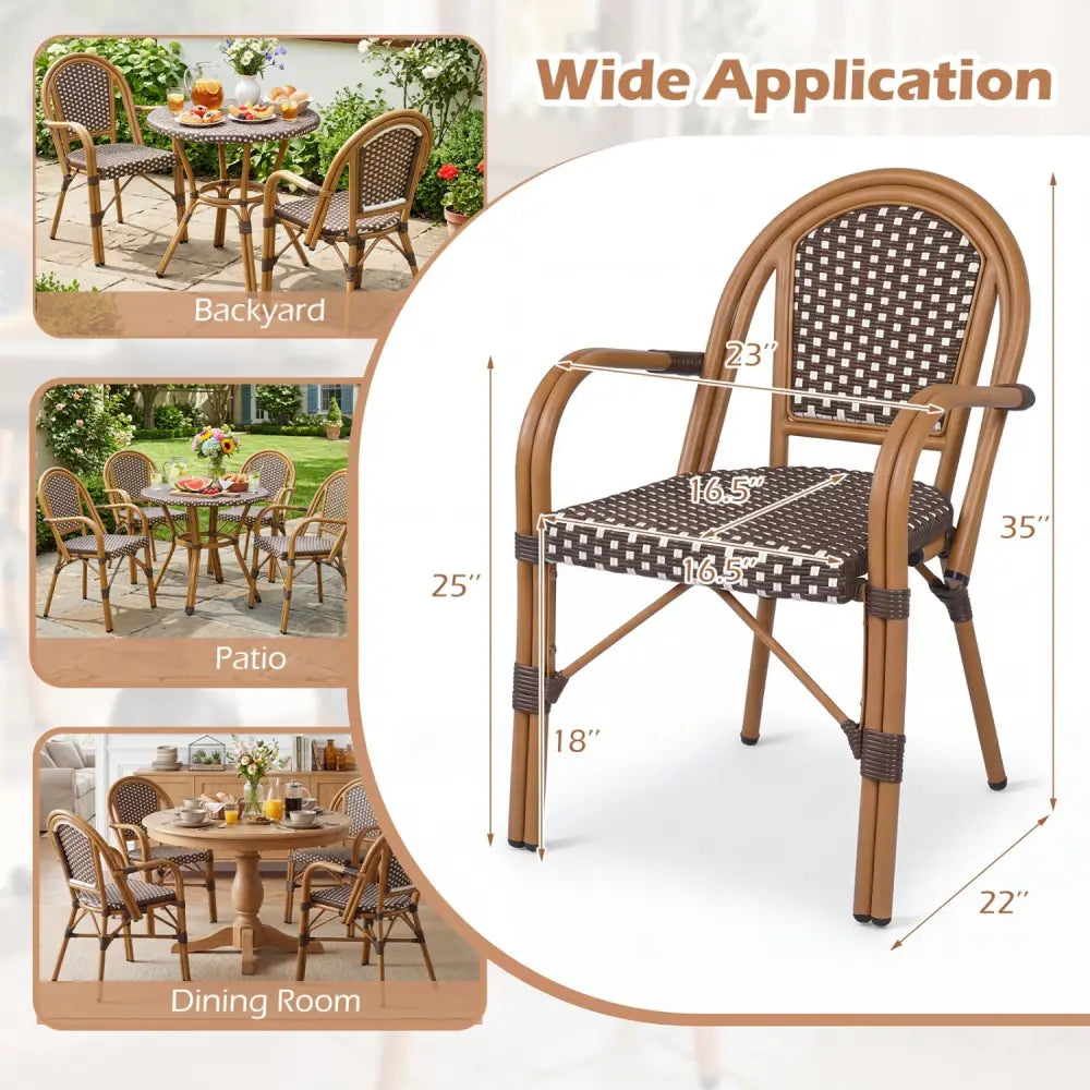 Hand-Woven PE Wicker Outdoor French Bistro Chairs Set of 2-Brown - Brown - Patio Dining Chairs