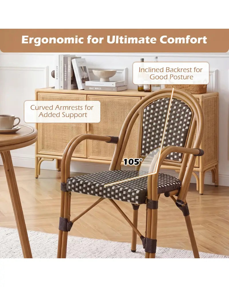 Hand-Woven PE Wicker Outdoor French Bistro Chairs Set of 2-Brown - Brown - Patio Dining Chairs