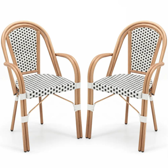 Hand-Woven PE Wicker Outdoor French Bistro Chairs Set of 2-White - White - Patio Dining Chairs