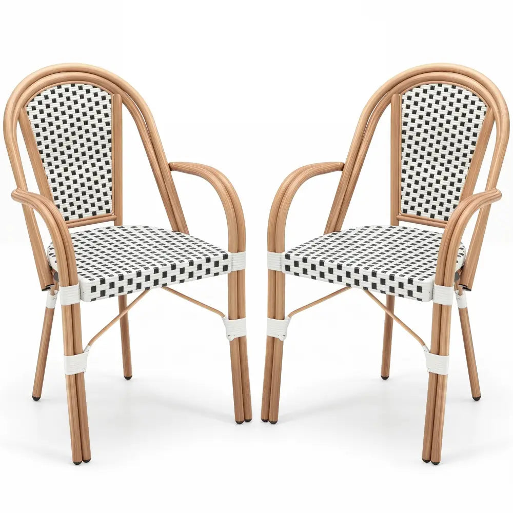 Hand-Woven PE Wicker Outdoor French Bistro Chairs Set of 2-White - White - Patio Dining Chairs