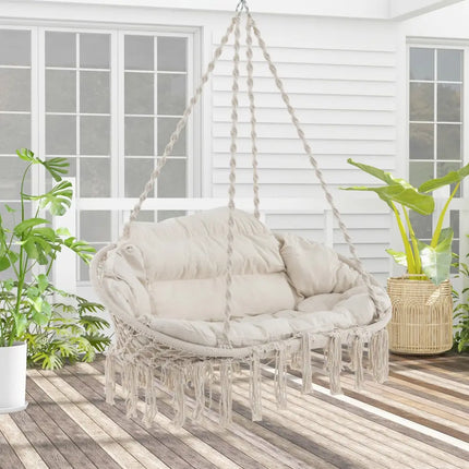 Hand-Woven Rope Hanging Chair with Thick Cushion and Folding Metal Frame-Beige - Beige - Hammocks