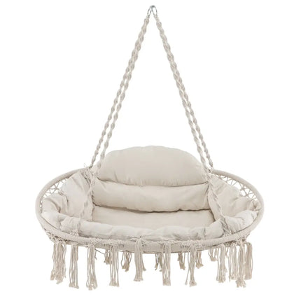 Hand-Woven Rope Hanging Chair with Thick Cushion and Folding Metal Frame-Beige - Beige - Hammocks