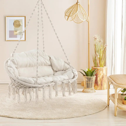 Hand-Woven Rope Hanging Chair with Thick Cushion and Folding Metal Frame-Beige - Beige - Hammocks