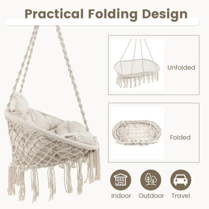 Hand-Woven Rope Hanging Chair with Thick Cushion and Folding Metal Frame-Beige - Beige - Hammocks