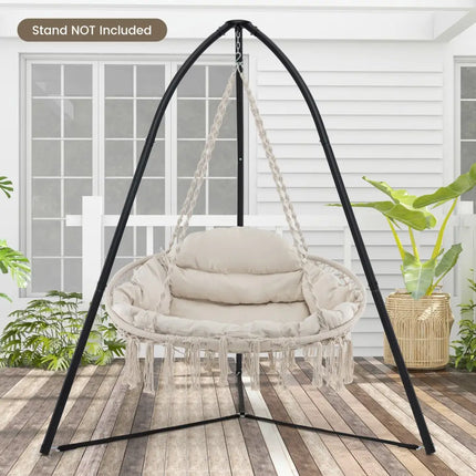 Hand-Woven Rope Hanging Chair with Thick Cushion and Folding Metal Frame-Beige - Beige - Hammocks