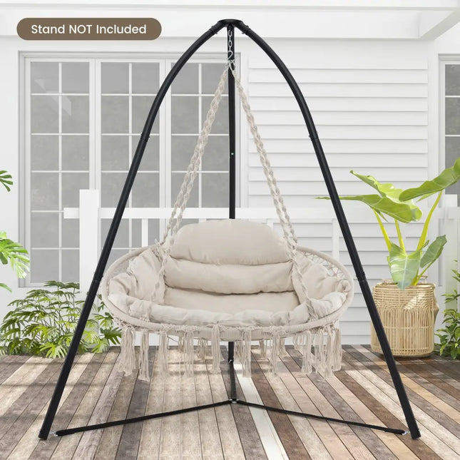 Hand-Woven Rope Hanging Chair with Thick Cushion and Folding Metal Frame-Beige - Beige - Hammocks