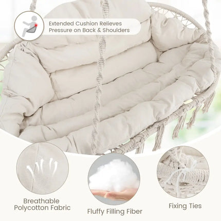 Hand-Woven Rope Hanging Chair with Thick Cushion and Folding Metal Frame-Beige - Beige - Hammocks