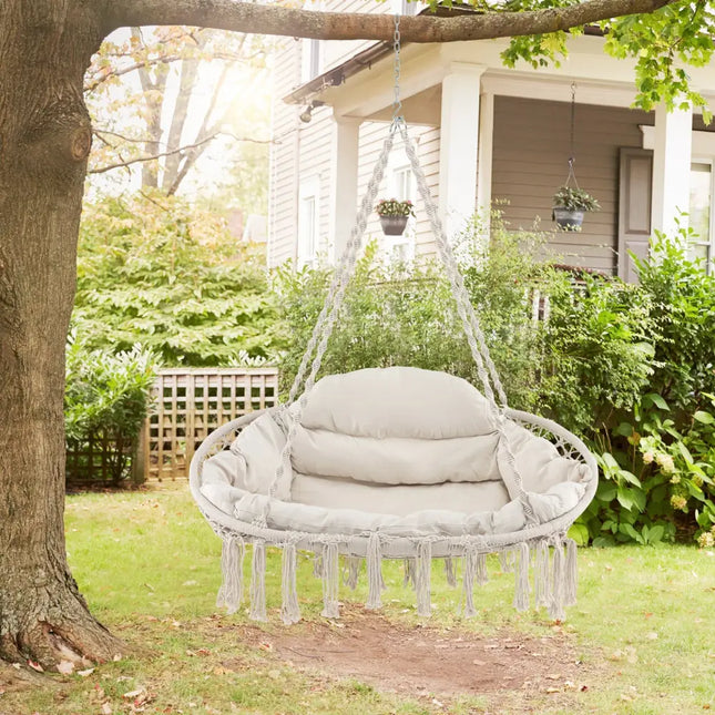 Hand-Woven Rope Hanging Chair with Thick Cushion and Folding Metal Frame-Beige - Beige - Hammocks