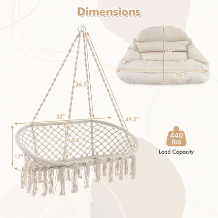 Hand-Woven Rope Hanging Chair with Thick Cushion and Folding Metal Frame-Beige - Beige - Hammocks