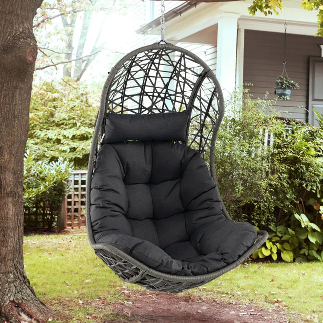 Hanging Egg Chair PE Rattan Swing Hammock Chair with Soft Pillow and Cushion-Gray - Gray - Hammocks