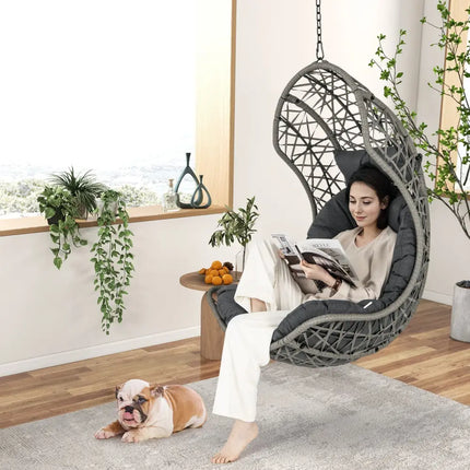 Hanging Egg Chair PE Rattan Swing Hammock Chair with Soft Pillow and Cushion-Gray - Gray - Hammocks