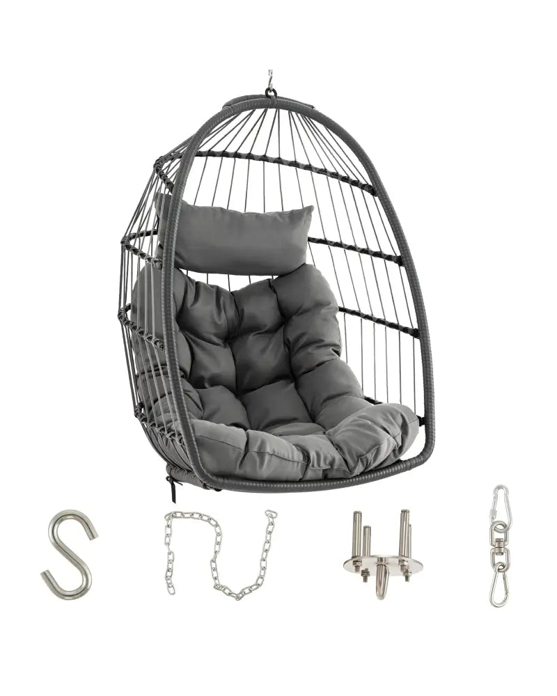 Hanging Egg Chair with Head Pillow and Large Seat Cushion-Gray - Gray - Hammocks