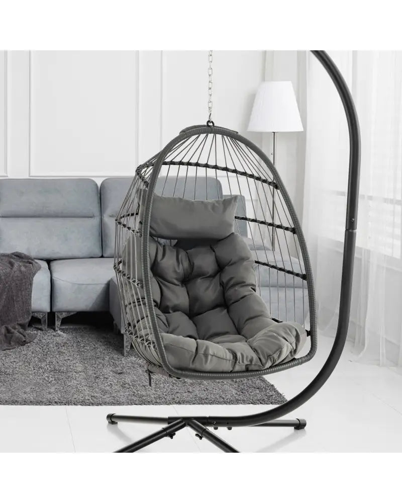 Hanging Egg Chair with Head Pillow and Large Seat Cushion-Gray - Gray - Hammocks