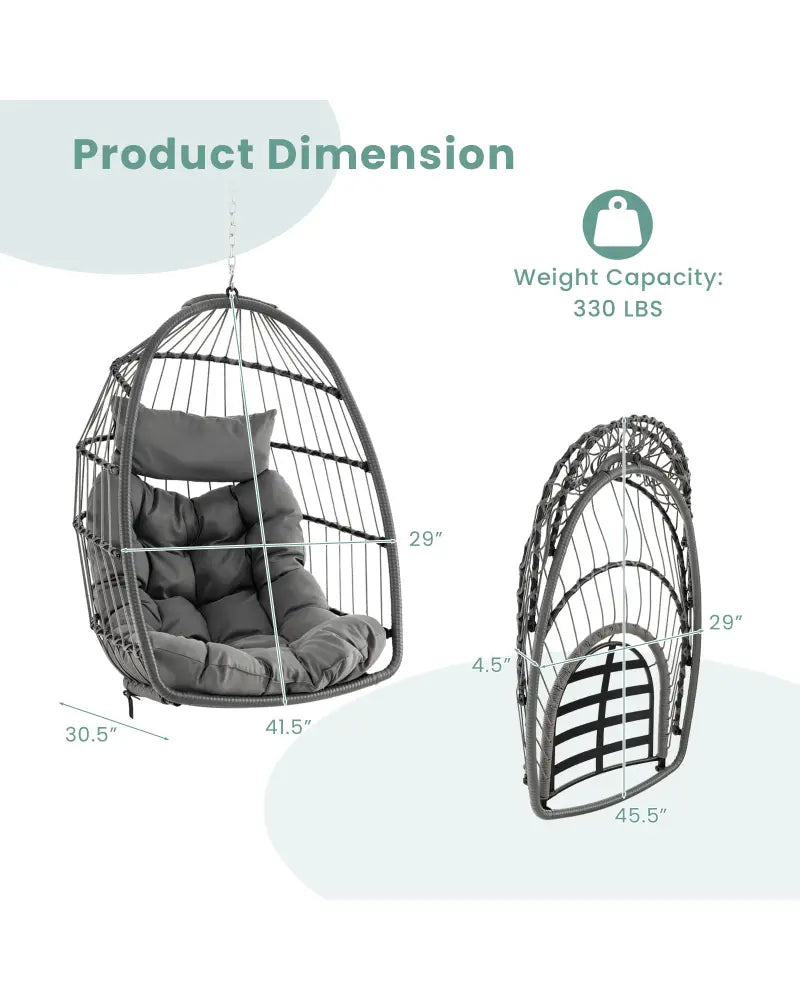 Hanging Egg Chair with Head Pillow and Large Seat Cushion-Gray - Gray - Hammocks