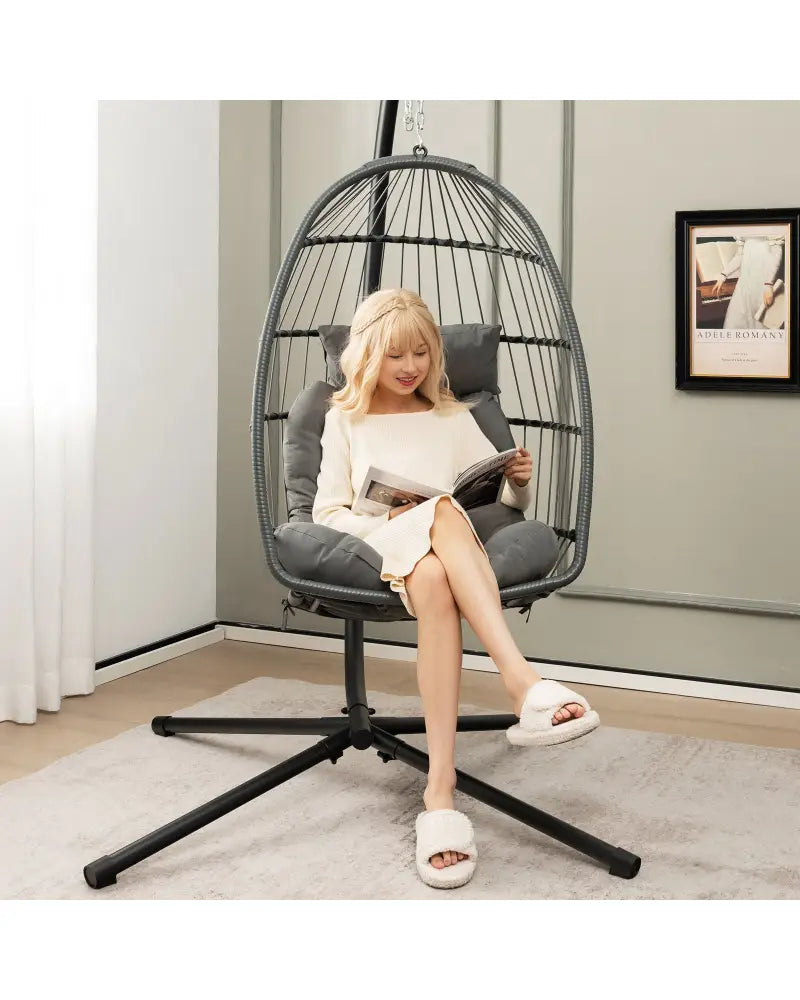 Hanging Egg Chair with Head Pillow and Large Seat Cushion-Gray - Gray - Hammocks