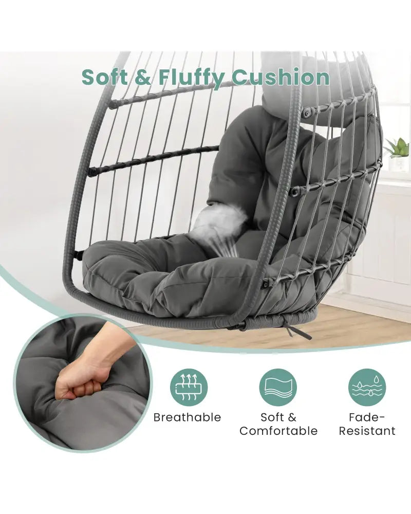 Hanging Egg Chair with Head Pillow and Large Seat Cushion-Gray - Gray - Hammocks