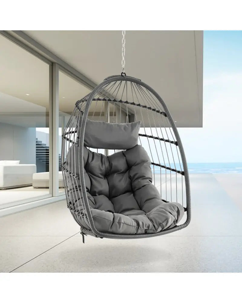Hanging Egg Chair with Head Pillow and Large Seat Cushion-Gray - Gray - Hammocks
