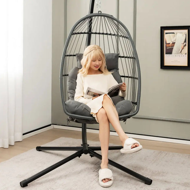 Hanging Egg Chair with Head Pillow and Large Seat Cushion-Gray - Gray - Hammocks