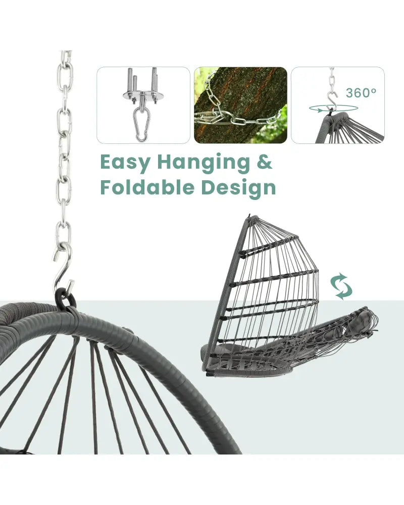 Hanging Egg Chair with Head Pillow and Large Seat Cushion-Gray - Gray - Hammocks