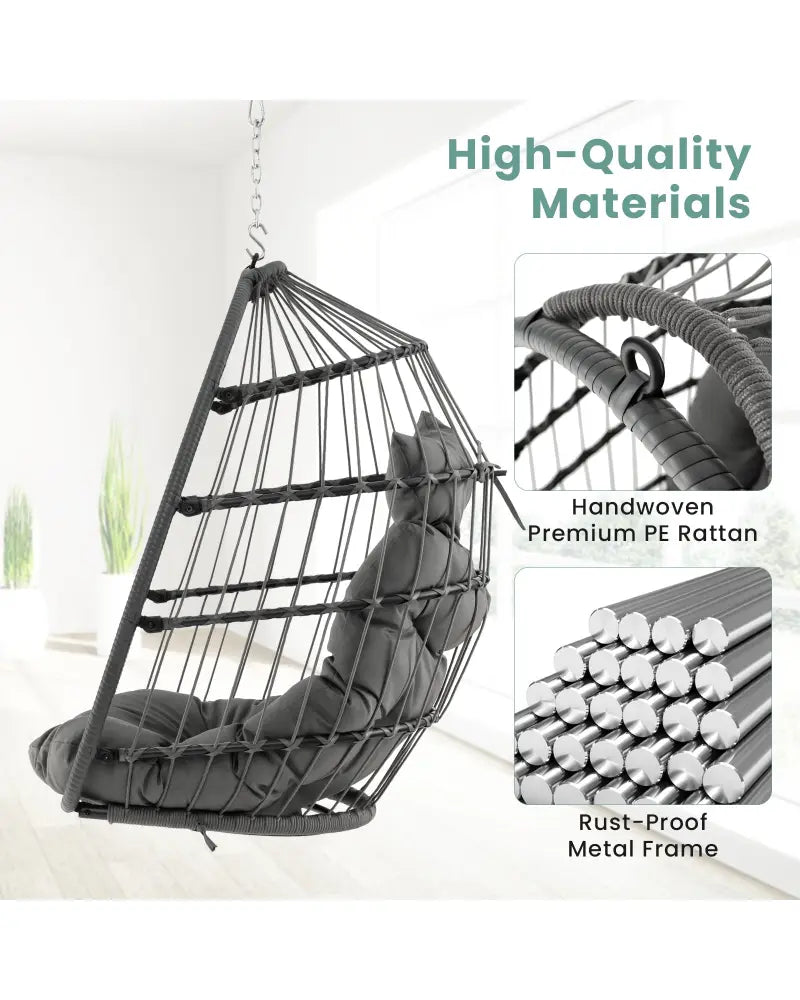 Hanging Egg Chair with Head Pillow and Large Seat Cushion-Gray - Gray - Hammocks