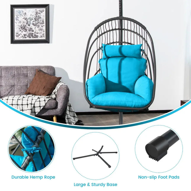 Hanging Folding Egg Chair with Stand Soft Cushion Pillow Swing Hammock-Turquoise - Turquoise - Hammocks
