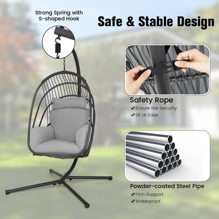 Hanging Folding Egg Chair with Stand Soft Cushion Pillow Swing Hammock-Gray - Gray - Hammocks