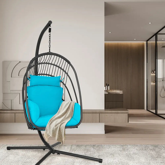 Hanging Folding Egg Chair with Stand Soft Cushion Pillow Swing Hammock-Turquoise - Turquoise - Hammocks