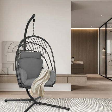 Hanging Folding Egg Chair with Stand Soft Cushion Pillow Swing Hammock-Gray - Gray - Hammocks